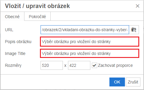 Vyplnění popisku a titulku obrázku