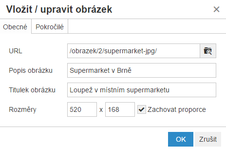 Formulář při vkládání obrázků do stránky