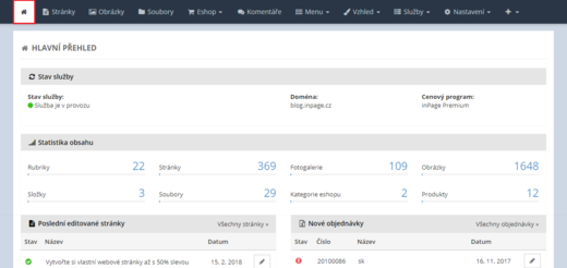 Administrace inPage - Hlavní přehled