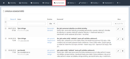 Správa komentářů v administraci inPage