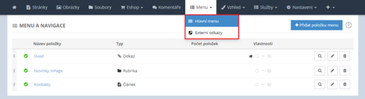Menu v administraci inPage