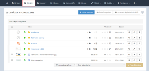 Obrázky a fotogalerie v administraci inPage