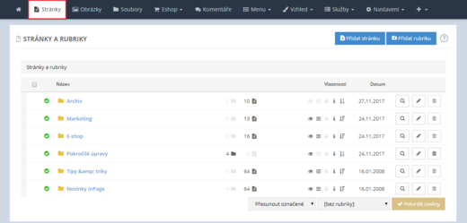 Stránky a rubriky v administraci inPage 