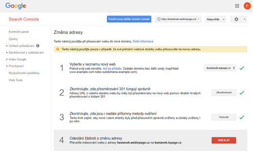 Jednotlivé kroky změny adresy v google search console
