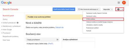 Změna adresy vybrané domény v google search console