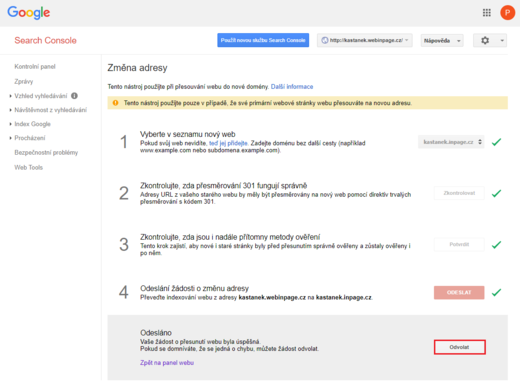Odvolání změny adresy v google search console