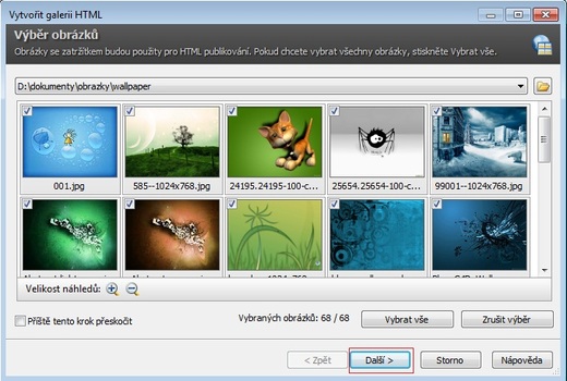 Výběr obrázků, které budou použity pro HTML publikování