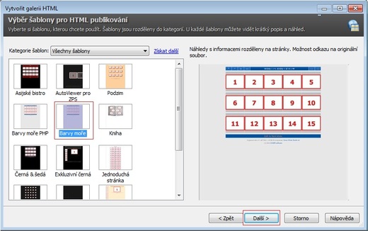 Výběr HTML šablony pro publikování