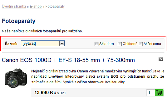 Filtry v kategorii e-shopu na webu