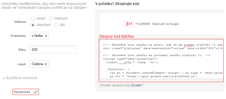 Formulář pro vygenerování tlačítka +1