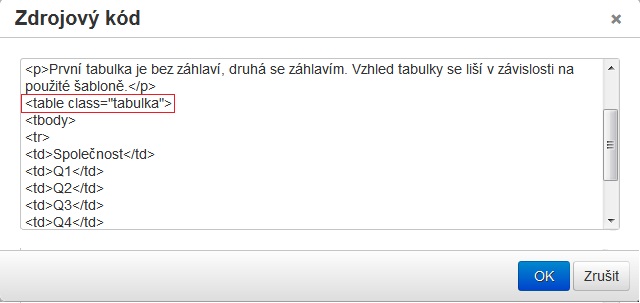 Předvytvořený vzhled tabulky - zdrojový kód